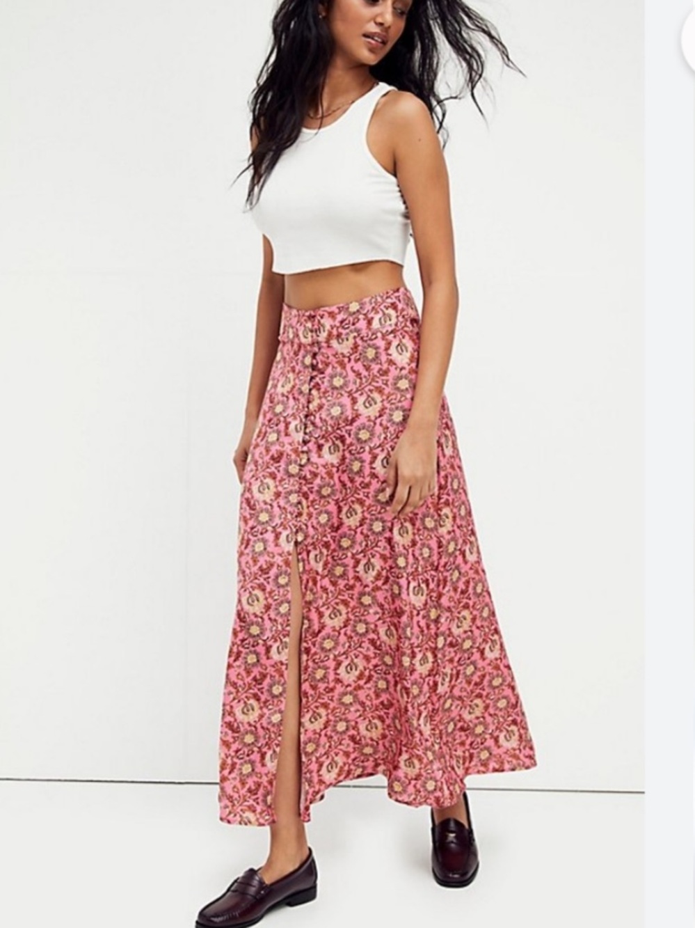 Free people Floral Pink Button-Front Maxi Skirt